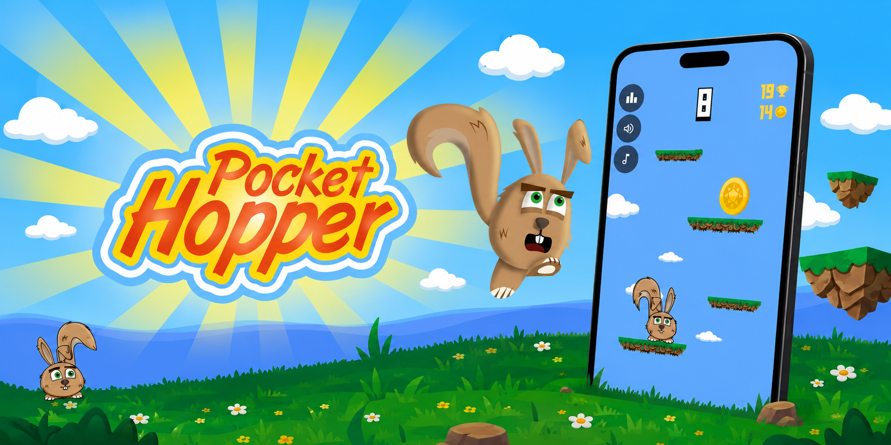 Pocket Hopper landing artwork with logo, character and phone gameplay